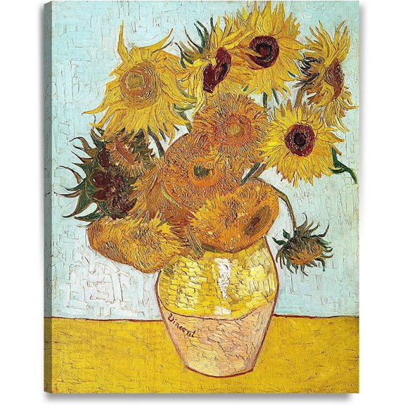 HFDF - Twelve Sunflowers, Vcent Van Gogh Art Reproduction. Giclee Prt on Canvas. Wall Art for Home. 16x20inch Framed