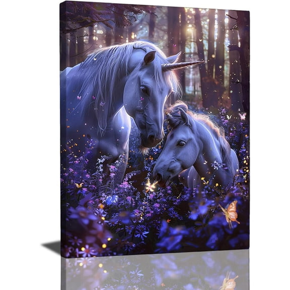 HFDF Unicorn Wall Art - White Horse & Forest Canvas Prt - Artwork for Bedroom, Bathroom & Livg Room - 11x14inch Framed