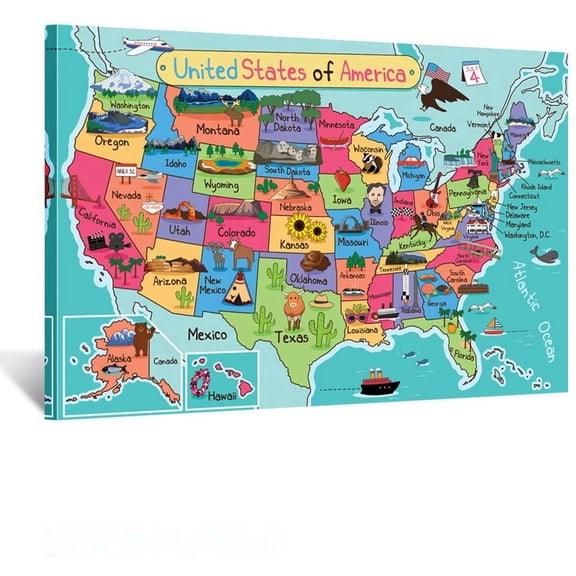 HFDF United States of America USA Kids Map Poster Art Prts Stretched Canvas Wall Art Gallery Canvas Wrap Giclee Prt Ready to Hang for Classroom Walls Decor 10x8inch Unframed