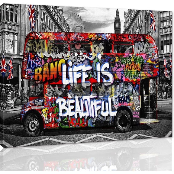 HFDF Urban Street Art Decoration Poster Banksy Wall Art Life is Beautiful Graffiti Street Giclee Canvas Paintings Pop Art Wall Decor Modern Art for Office Living Room Easy to Hang 10x8inch Framed