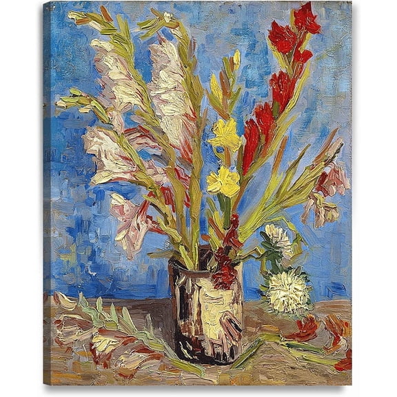 HFDF - Vase with Gladioli and Chese Asters, Vcent Van Gogh Art Reproduction. Giclee Prt on Canvas. Wall Art for Home. 11x14inch Framed
