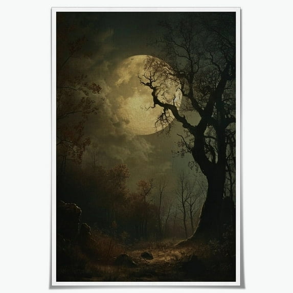 HFDF Victorian Patg Style Art Moody Forest with Full Moon Halloween Poster Bookish Cottagecore Wall Decor Dark Academia Canvas Prt 11x14inch Framed