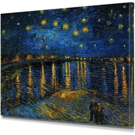 HFDF Vincent Van Gogh's 'Starry Night Over the Rhone', Famous Artist Reproduction Wall Art, Giclee Canvas Print Wall Decor for Living Rooms, Bedrooms, Offices. Total 10x8inch Framed