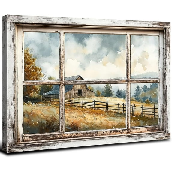 HFDF Vintage Barn Wall Art Country Field Scene Pictures for Living Room Fake Window Abstract Farmhouse Landscape Poster Nature Forest Watercolor Painting Photography Decorations 20x16inch Framed