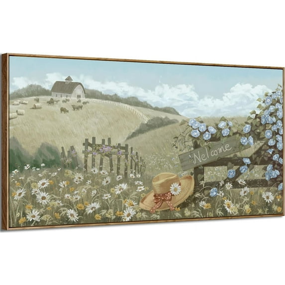 HFDF Vintage Canvas Wall Art Countryside Wild Daisy Flowers Blossom Painting Cow Farm Barn Picture Blue Sky and Wildflowers Print Nature Botanical Meadow Landscape Rustic Farmhouse 20x16inch Framed