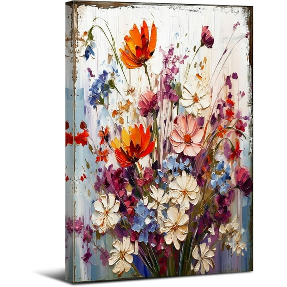 HFDF Vintage Flower Wall Art Spring Wall Decor Wildflower Picture Prints Canvas for Bathroom , Rustic Orange White Daisy Poster Abstract Watercolor Floral Painting Artwork Decoration 8x10inch Framed