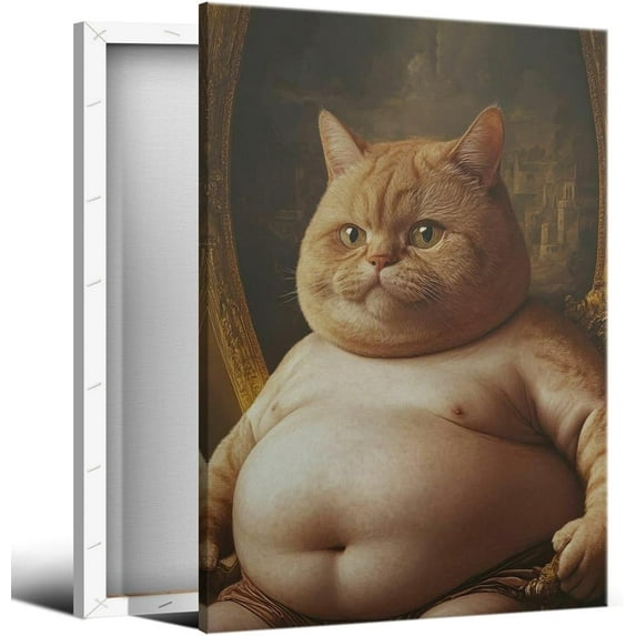 HFDF Vintage Funny Fat Cat Wall Art, Whimsical Quirky Pet Portrait, Unique Animal Decor, Pet Lover Gift, Cat Painting for Living Roomin Wrapped Canvas 16x24inch Framed