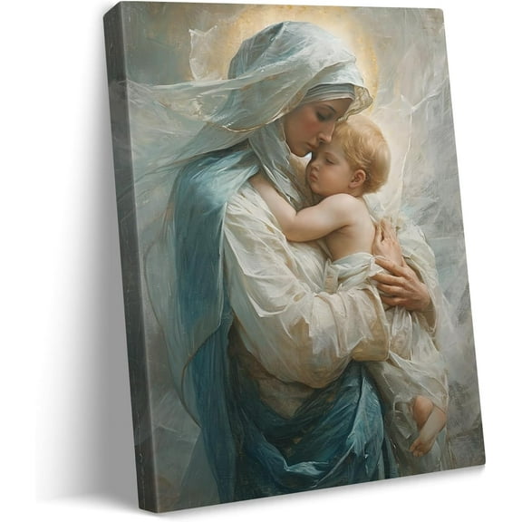 HFDF Virg Mary Canvas Prt Baby Jesus Nestled Warm Embrace of Mother Patg Dive Maternal Love Wall Art Religious Christian Decor for Home Livg Room Bedroom 8x10inch Unframed
