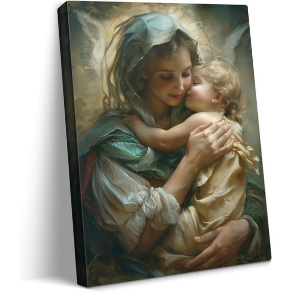 HFDF Virg Mary Canvas Wall Art Baby Jesus Kissg Mother Tenderly Patg Dive Maternal Love Artwork Prts Religious Christian Decor for Home Livg Room Bedroom 12x18inch Framed