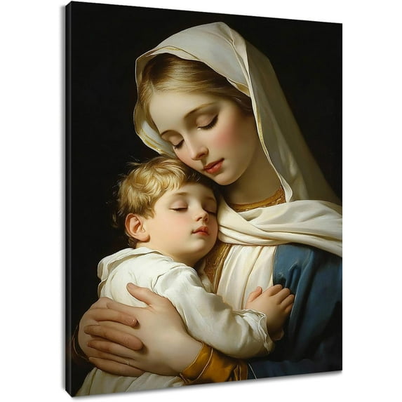 HFDF Virg Mary Christian Wall Art for Bathroom Religious Christ Jesus Baby and Virg Mary on Black Canvas Wall Art spirational Wall Decor for Livg Room Bedroom Ready to Hangg 12x16inch Framed