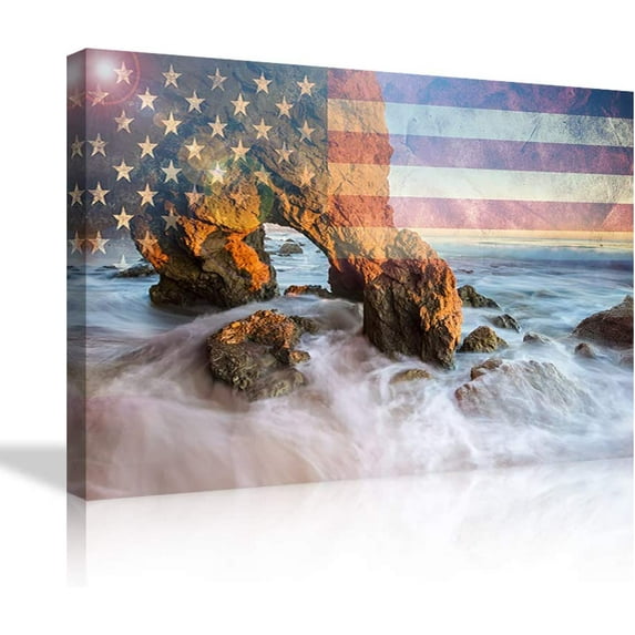 HFDF Vtage American US Flag with Seaview Modern Seascape Giclee Artwork Contemporary Wall Art Canvas Prts Home Decor Pictures for Livg Room Poster Patg Ready to Hang 16x12inch Framed