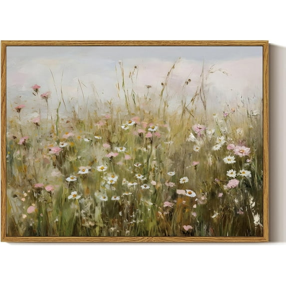 HFDF Vtage Canvas Wall Art, Pk & White Daisies Landscape Wall Art for Livg Room Office Bedroom, Retro Farmhouse Kitchen Bathroom Wall Art Decor 16x12inch Framed