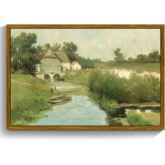 HFDF Vtage Wall Art, Countryside Landscape Canvas Patg, River Cottage Green Scenery Art Prts, Bridge Boat Nature Rustic Farmhouse Wall Decor Livg Room Bedroom Pictures 10x8inch Framed