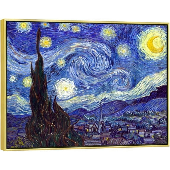 HFDF Wall Art Giclee Canvas Prts of Starry Night by Van Gogh Patgs Reproduction Post Impressionism Artwork Wall Art for Livg Room Home Decorations Golden 24x20inch Framed