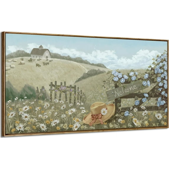 HFDF Wall Art for Living Room Vintage Cow Farm Barn Picture Blue Sky and Wild Flowers Daisy Canvas Print Modern Village Nature Landscape Country Rural Scene Botanical Meadow Rustic 10x8inch Unframed