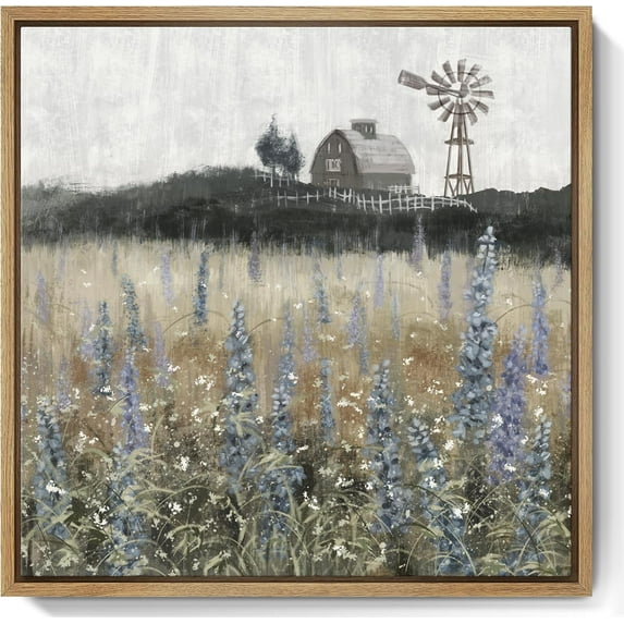 HFDF Wall Art Vintage Classical Farmhouse Painting Rustic Countryside Wildflower Field Nature Meadow Landscape Retro Windmill Barn Canvas Print Wilderness Artwork for Bedroom Living 14x11inch Framed