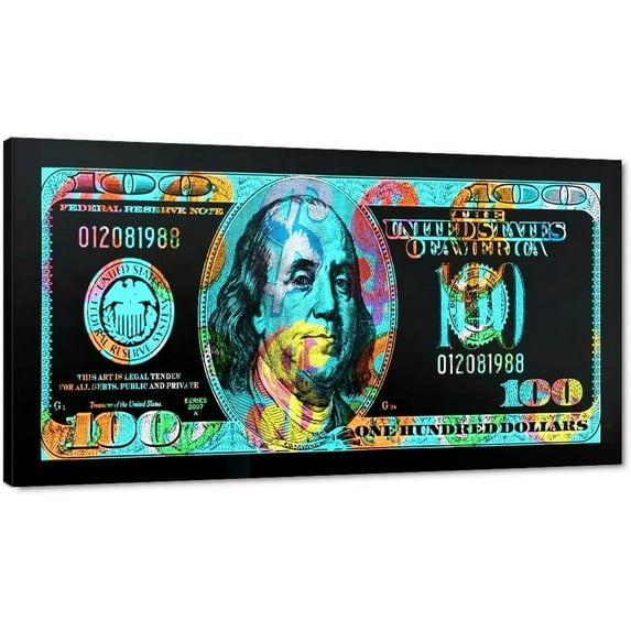HFDF Wall Art Work Color Graffiti Dollar Wall Patgs 100 Dollar USD Artwork for Home Wall Pictures Bill Money Wall Art for Study Room Classroom Wall Decor Stretched Ready to Hang- 16x12inch Framed