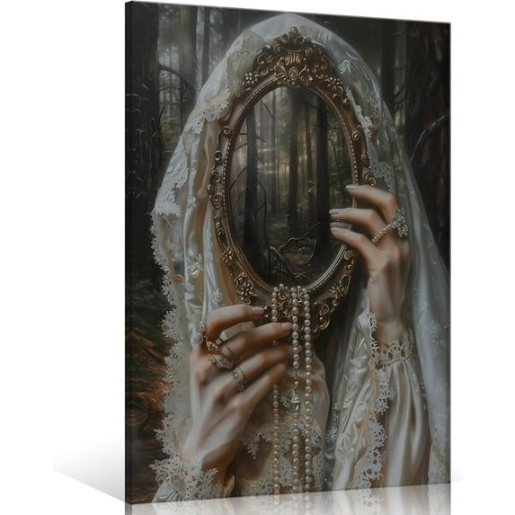 HFDF Witch Mirrored Reverie Picture Patg,Moody Victorian Wall Art, Dark Academia Prt Canvas, Gothic Woman Dark Wall Art, Halloween Aesthetic Poster for Wall ( Wrapped ) 11x14inch Framed