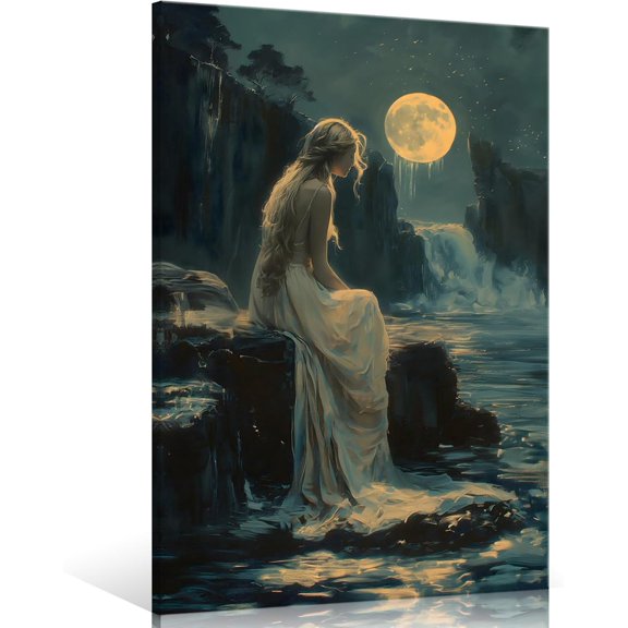 HFDF Witch Waterfall and Moon Prt Patg，Moody Victorian Girl Wall Art, Dark Academia Prt Canvas, Gothic Woman Dark Wall Art, Halloween Aesthetic Poster for Wall( Wrapped ) 12x18inch Framed