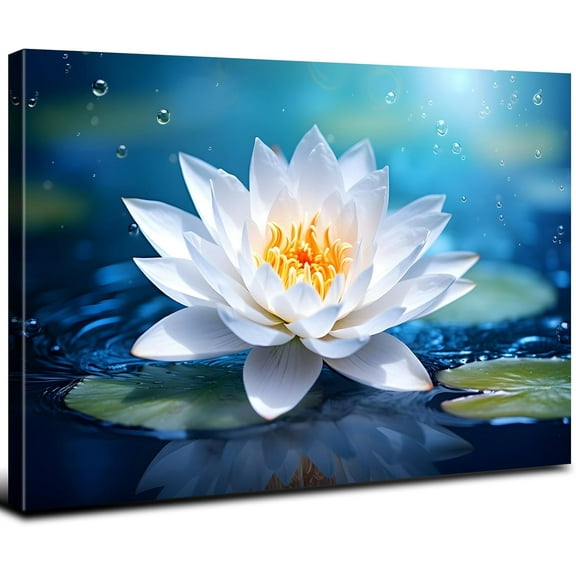 HFDF Zen Lotus Wall Art Bathroom Picture Canvas Prints White Flower of Life Wall Art Spa Yoga Meditation Room Decor Spiritual Poster Nature Bloom Floral Painting Living Room 24x16inch Framed