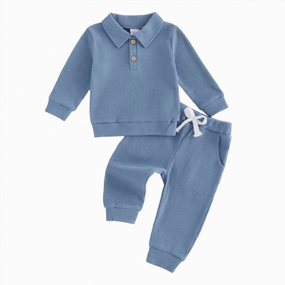 HFHAPW Baby Boy Clothes Fall Winter Outfits Waffle Solid Color Long Sleeve Waffled Sweatshirt Pants 2Pcs Fall Clothing Set 0 6 12 18 Months 2T 3T 4T 5T 6T 7T 8T 9T(Blue,6-12 M)