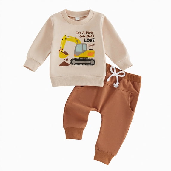 HFHAPW Toddler Baby Boy Fall Outfits 6 9 12 18 24 Months 3T 4T 5T 6T 7T 8T 9T Boys Winter Clothes Truck Long Sleeve Sweatshirt Pants Set(Beige,2-3 Y)
