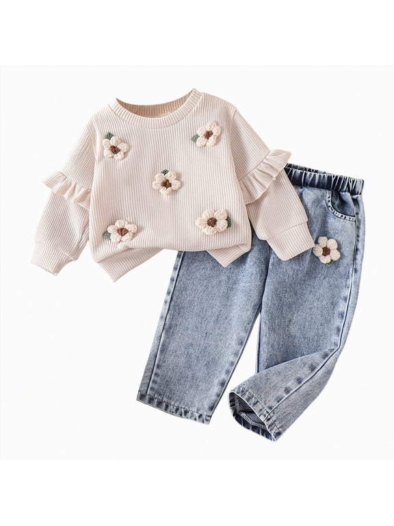 Toddler Baby Girl Clothes Fall Winter Baby Girl Outfit Floral Crewneck Sweatshirt Bell Bottom Jeans Pants Sets 6 9 12 18 Months 2T 3T Clothing Set,2-3 Y