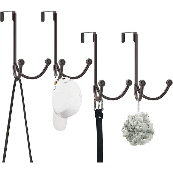 HFHOME 4Packs Over The Door Double Hanger Hooks, Metal Twin Hooks Organizer for Hanging Coats, Hats, Robes, Towels- Brown