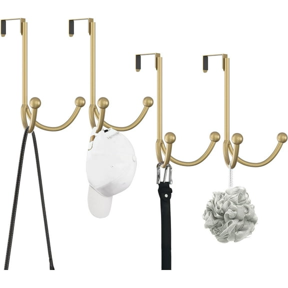 HFHOME 4Packs Over The Door Double Hanger Hooks, Metal Twin Hooks Organizer for Hanging Coats, Hats, Robes, Towels- Gold