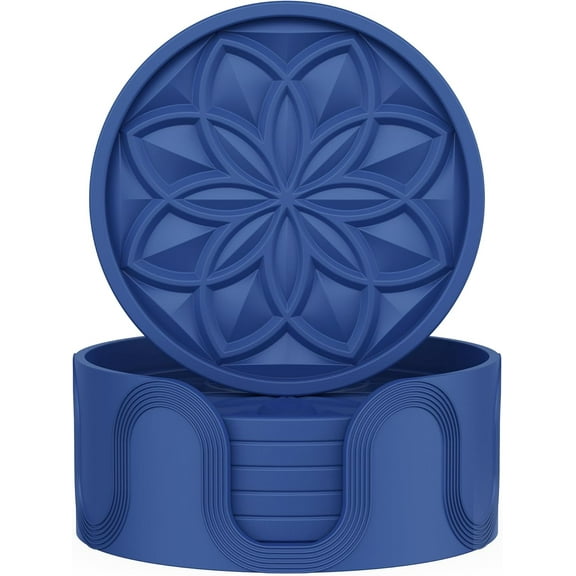 HFHOME Coasters for Drinks 6 Pack Silicone Coasters Set with Holder, Drink Coaster for Coffee Table, Bar Coasters for Home Decor Tabletop Protection Gift - Navyblue