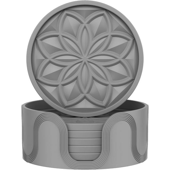 HFHOME Coasters for Drinks 6 Pack Silicone Coasters Set with Holder, Drink Coaster for Coffee Table, Table Cup Mat Desk Coaster for Drinks, Bar Coasters for Home Decor Tabletop Protection Gift - Gray