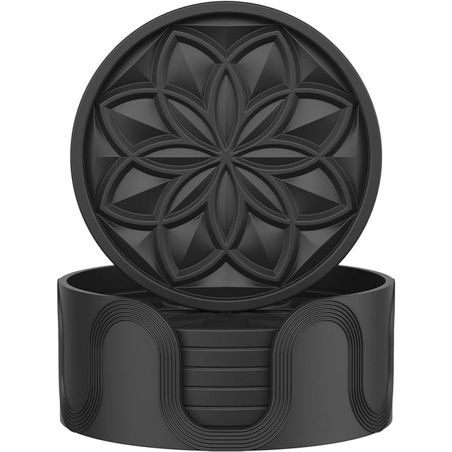 HFHOME Coasters for Drinks 6 Pack Silicone Coasters Set with Holder, Drink Coaster for Coffee Table, Table Cup Mat Desk Coaster for Drinks, Bar Coasters for Home Decor Tabletop Protection Gift -Black