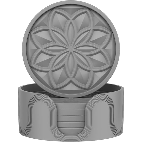 HFHOME Coasters for Drinks 6 Pack Silicone Coasters Set with Holder, Drink Coaster for Coffee Table, Table Cup Mat Desk Coaster for Drinks, Bar Coasters for Home Decor Tabletop Protection Gift - Gray