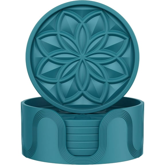 HFHOME Coasters for Drinks 6 Pack Silicone Coasters Set with Holder, Drink Coaster for Coffee Table, Table Cup Mat Desk Coaster for Drinks, Bar Coasters for Home Decor Tabletop Protection Gift - Blue