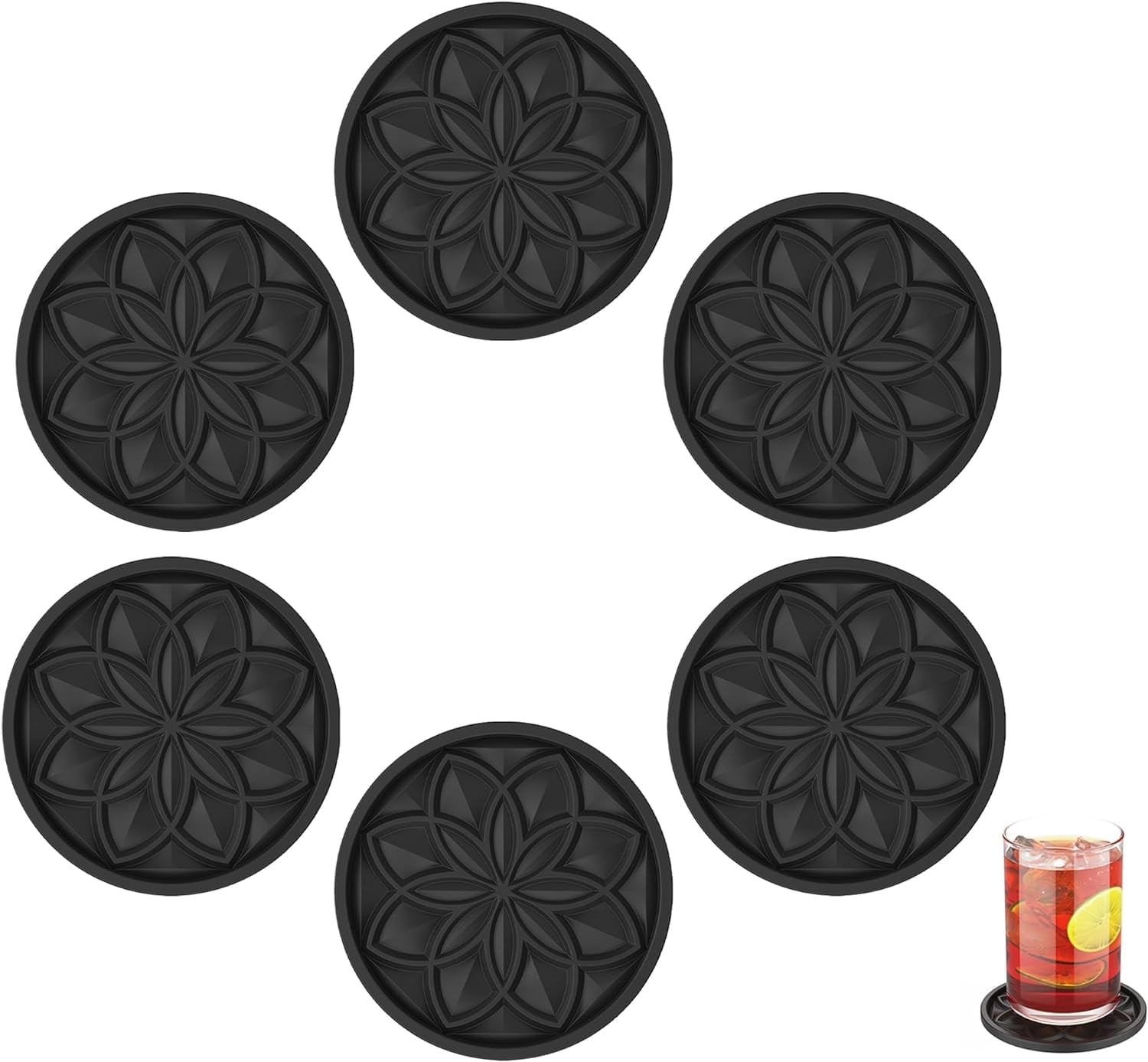 HFHOME Coasters for Drinks 6 Pcs Silicone Coasters Set, Drink Coaster for Coffee Table, Table Cup Mat Desk Coaster for Drinks, Bar Coasters for Home Decor Tabletop Protection Gift - Black