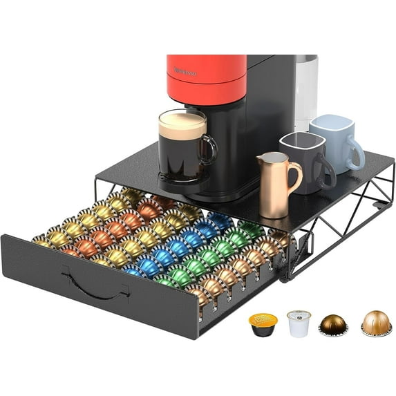 HFHOME Coffee Pod Drawer, 48 Vertuoline Coffee Pods Holder, Pods Storage Drawer Holder for 36 K Cup, Metal Coffee Station for Nespresso Vertuo Capsules for Home Office Counter, Black