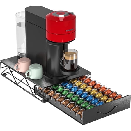HFHOME Coffee Pod Holder Drawer for Nespresso Vertuo Capsules, 50-Capsule Metal Storage Organizer, Black