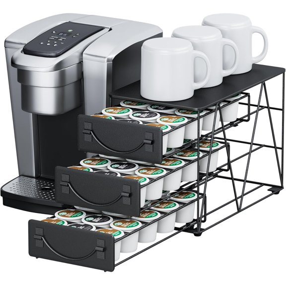 HFHOME Coffee Pod Holder For Counter, Compatible with K-Cups, 3-tier Metal Coffee Capsule Storage Drawer, 45 Capacity Pods Organizer for Cafe Counter, Home, Office or Kitchen, Black