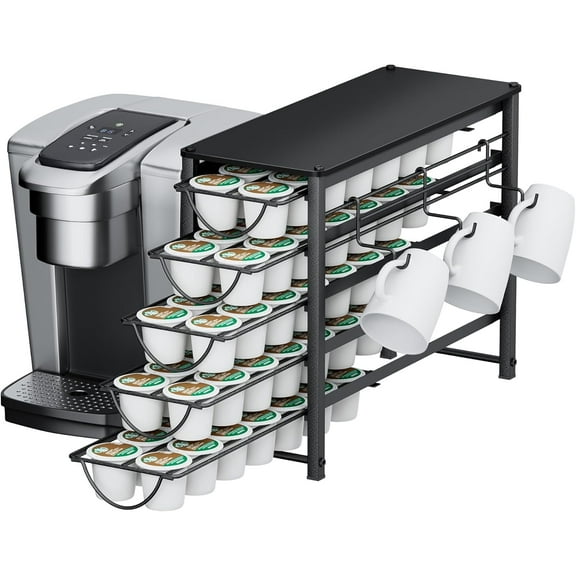 HFHOME Coffee Pod Holder For Counter, Compatible with K-Cups, 5-tier Metal Coffee Capsule Storage Drawer, 70 Capacity Pods Organizer for Cafe Counter, Home, Office or Kitchen, Black