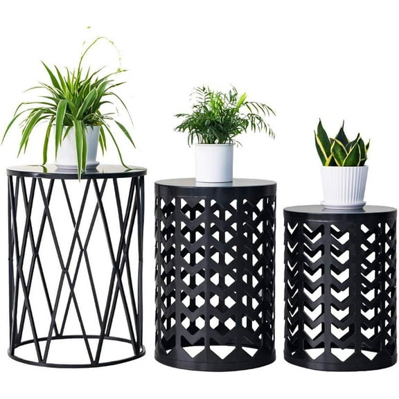 HFHOME Multifunctional Nesting Round Metal Coffee End Tables, Set of 3 Modern Furniture Nightstands Decor Side Tables Plant Stand for Home Office Indoor Garden Outdoor- Pure Black