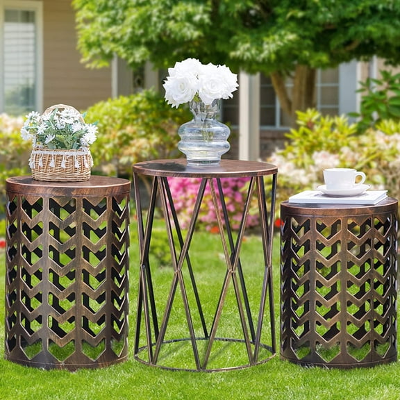 HFHOME Multifunctional Nesting Round Metal Coffee End Tables, Set of 3 Modern Nightstands Decor Side Tables Plant Stand for Home Office Indoor Garden Outdoor-Bronze