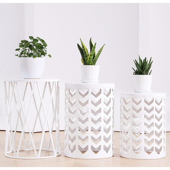 HFHOME Nesting Coffee Tables Set of 3, Industrial Metal Stacking Accent Side Tables Circle Table for Small Space, Living Room, Apartment, Bedroom Indoor - White