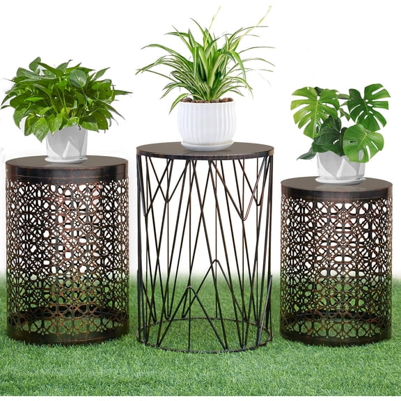HFHOME Set of 3 Heavy-Duty Round End Table, Side Table, Coffee Table for Indoor Multifunctional Use, Outdoor Decorative Garden Stool Plant Stand-Bronze