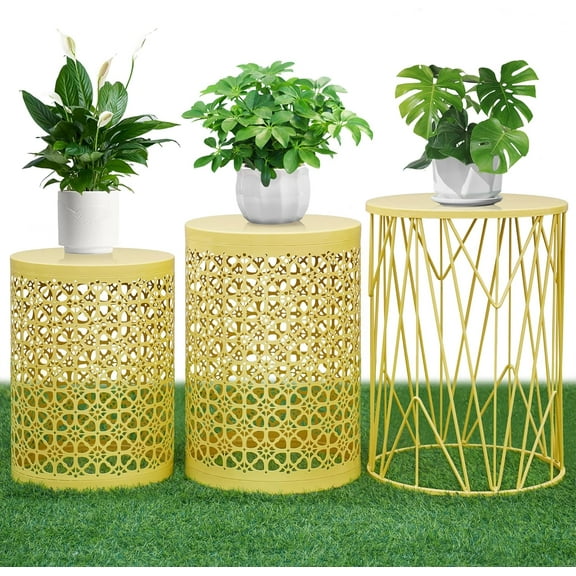 HFHOME Set of 3 Heavy-Duty Round End Table, Side Table, Coffee Table for Indoor Multifunctional Use, Outdoor Decorative Garden Stool Plant Stand-Yellow