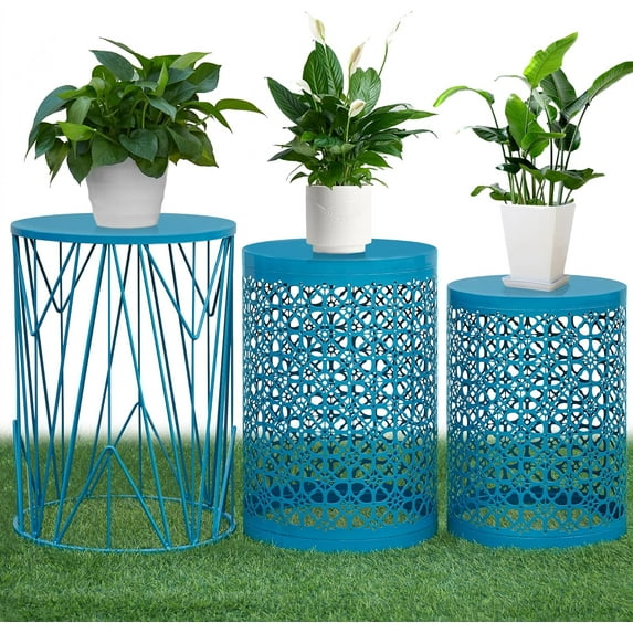 HFHOME Set of 3 Heavy-Duty Round End Table, Side Table, Coffee Table for Indoor Multifunctional Use, Outdoor Decorative Garden Stool Plant Stand-Blue