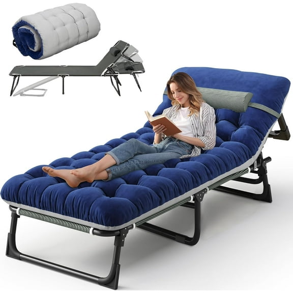 HFJMHG 6-Position Chaise Lounge Chair Folding Camping Cot with Mattress & Pillow, Heavy Duty Adjustable Recliner for Patio, Beach, Poolside (L - 75'')