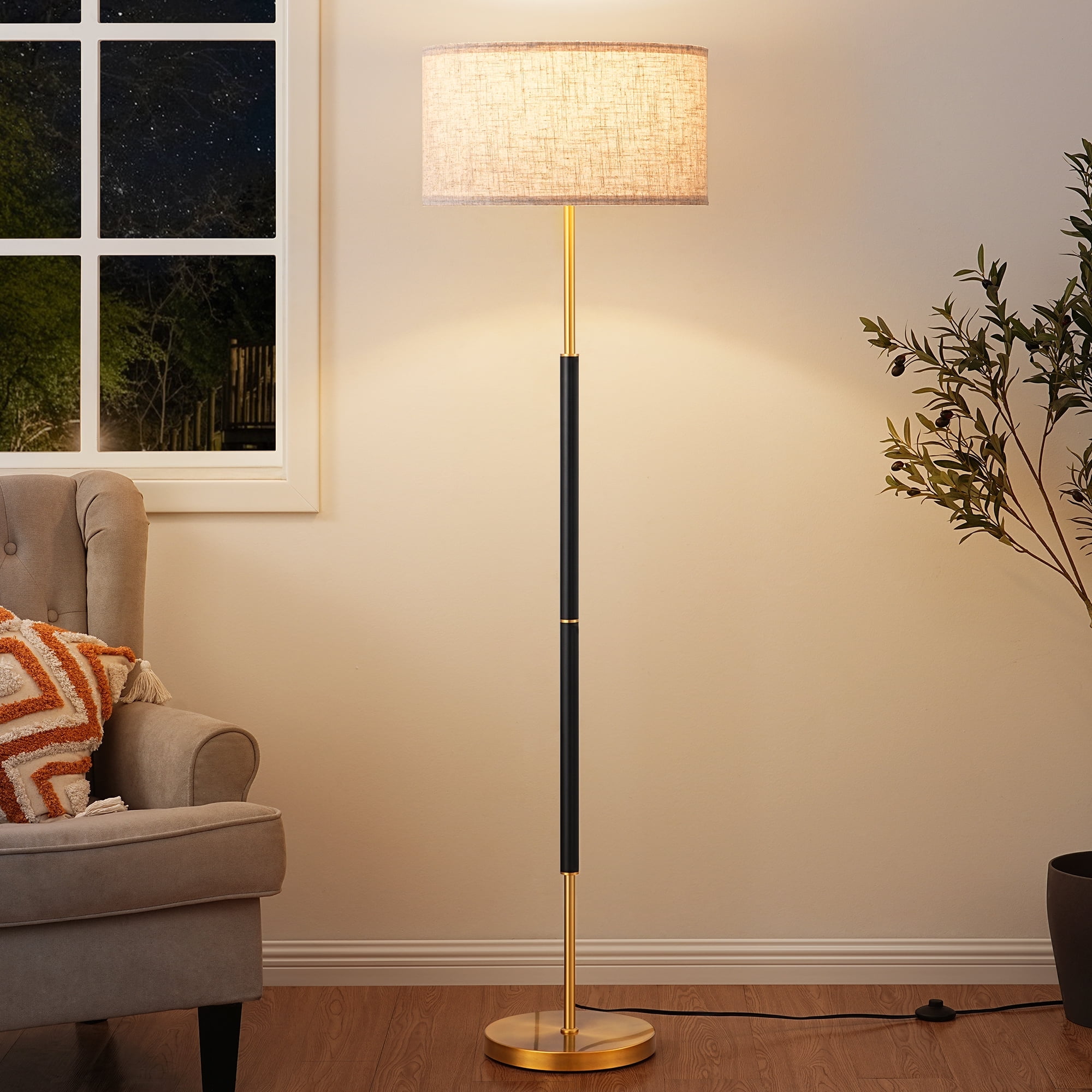 65" Black and Gold Dimmable Floor Lamp with Linen Shade