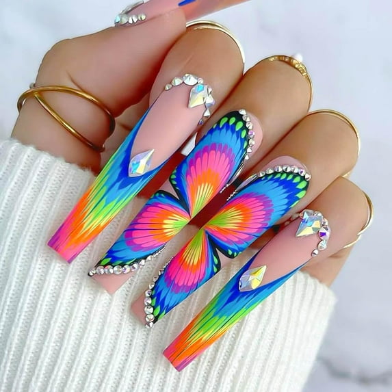 HFMKLong Press on Nails Coffin Fake Nails Nude Ombre Square Acrylic Nails with Designs Butterfly and Rhinestones False Nails Nail Accessories Glue on Nails for Women Girls 24Pcs