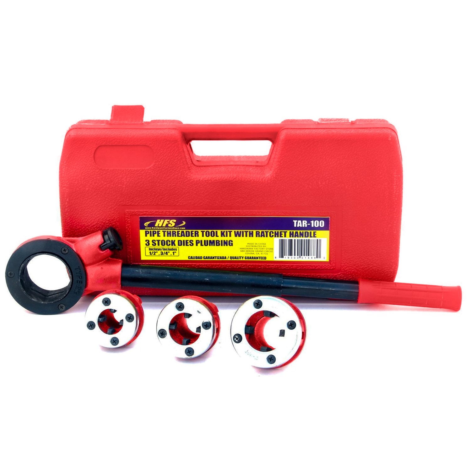 HFS (R) Pipe Threader Tool Kit Ratchet Handle + 3 Dies Set 1/2", 3/4", 1" + Case