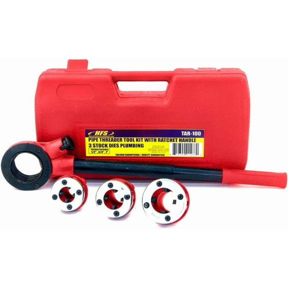 HFS(R) Ratchet Pipe Threader Kit - Ratcheting Pipe Threading Tool Set with 3 Dies 1/2", 3/4", 1" (NPT)